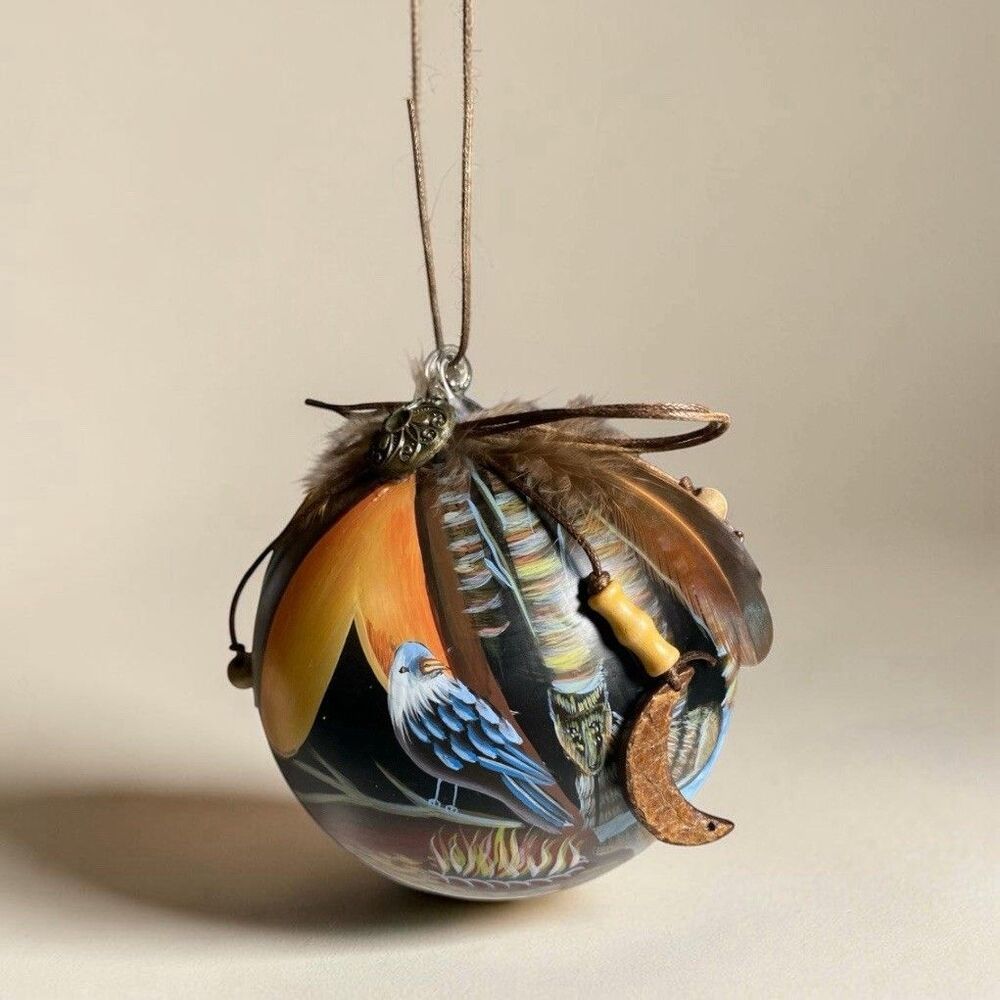 Dillards Trimmings Hand Painted Glass Fox Bird Ornament Feather Moon Star NIB
